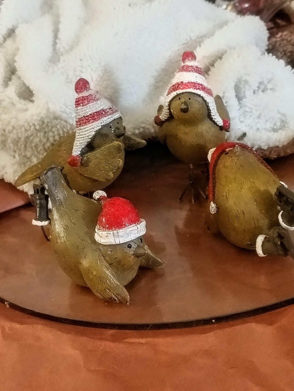 Fun-lovin' Resin Christmas Bird Figurine Family Winter Beanie Santa Hat Set of 4